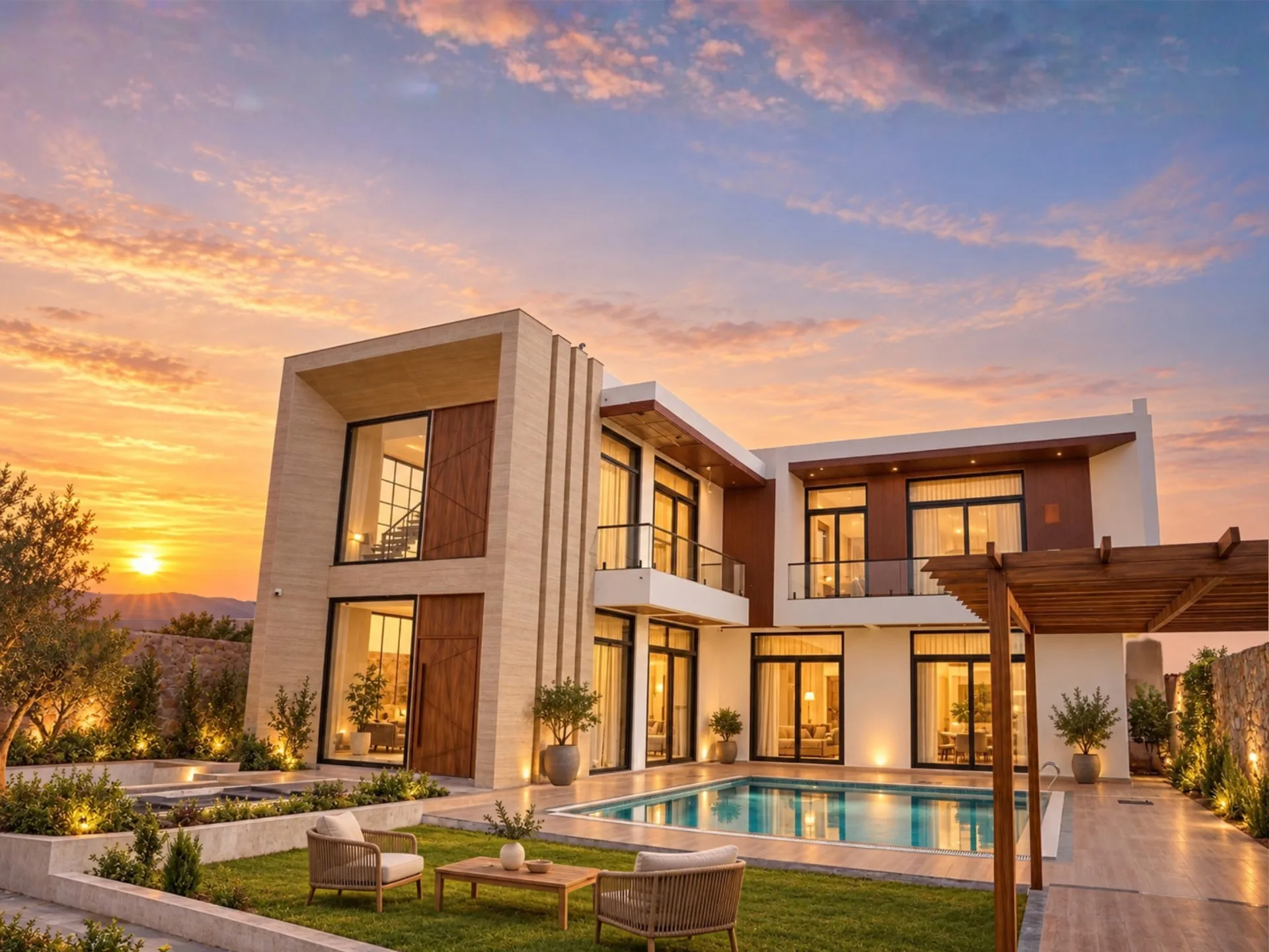 Aventra pool villa at sunset