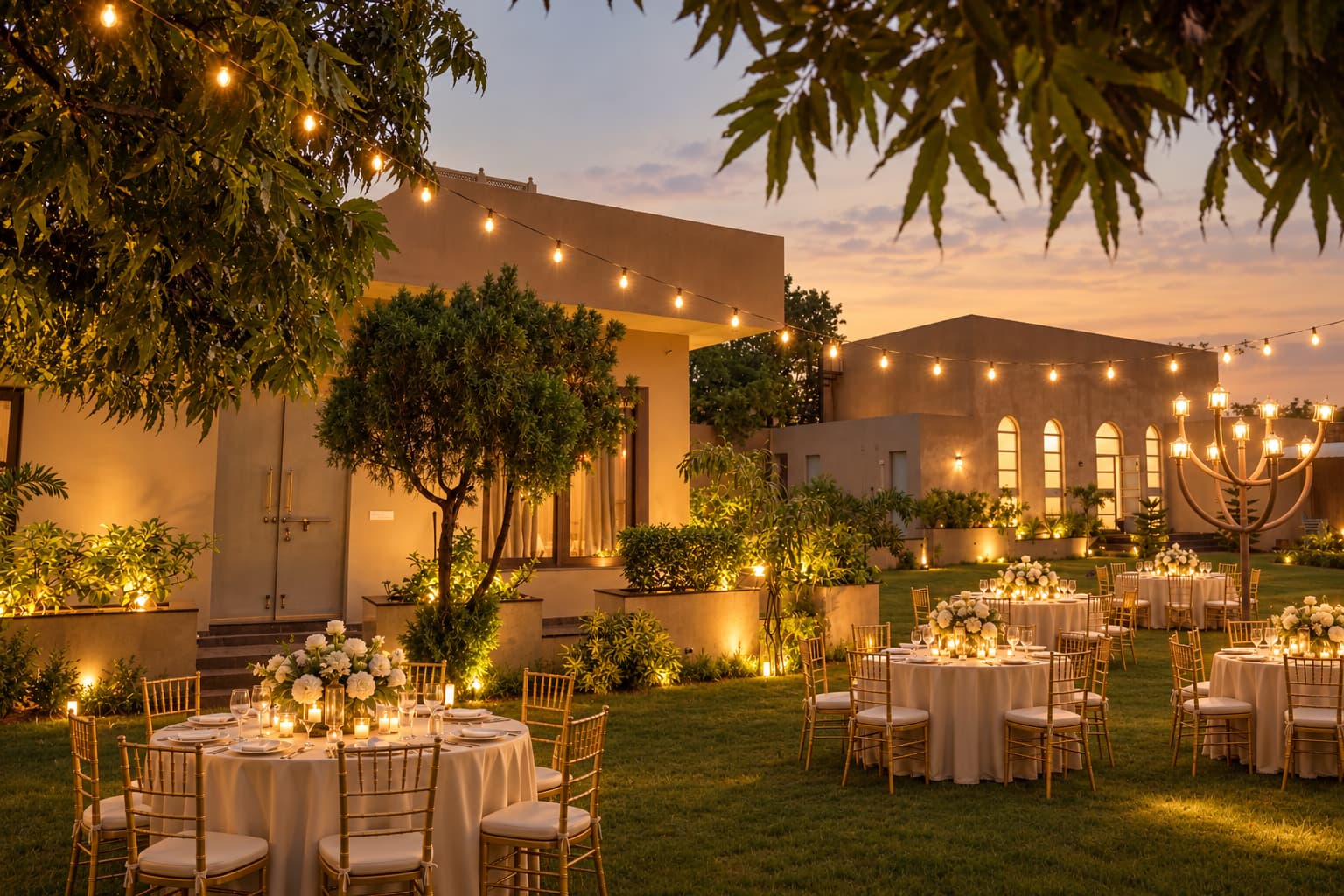 Lawn dining under warm lights