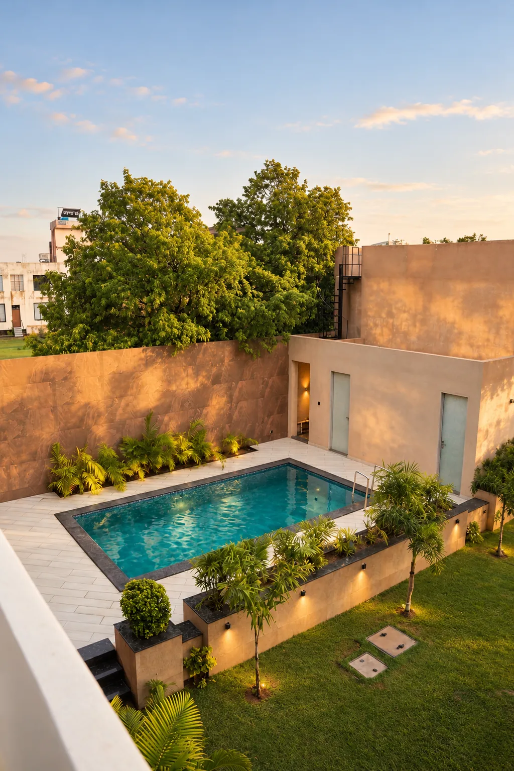 Private pool courtyard in evening light