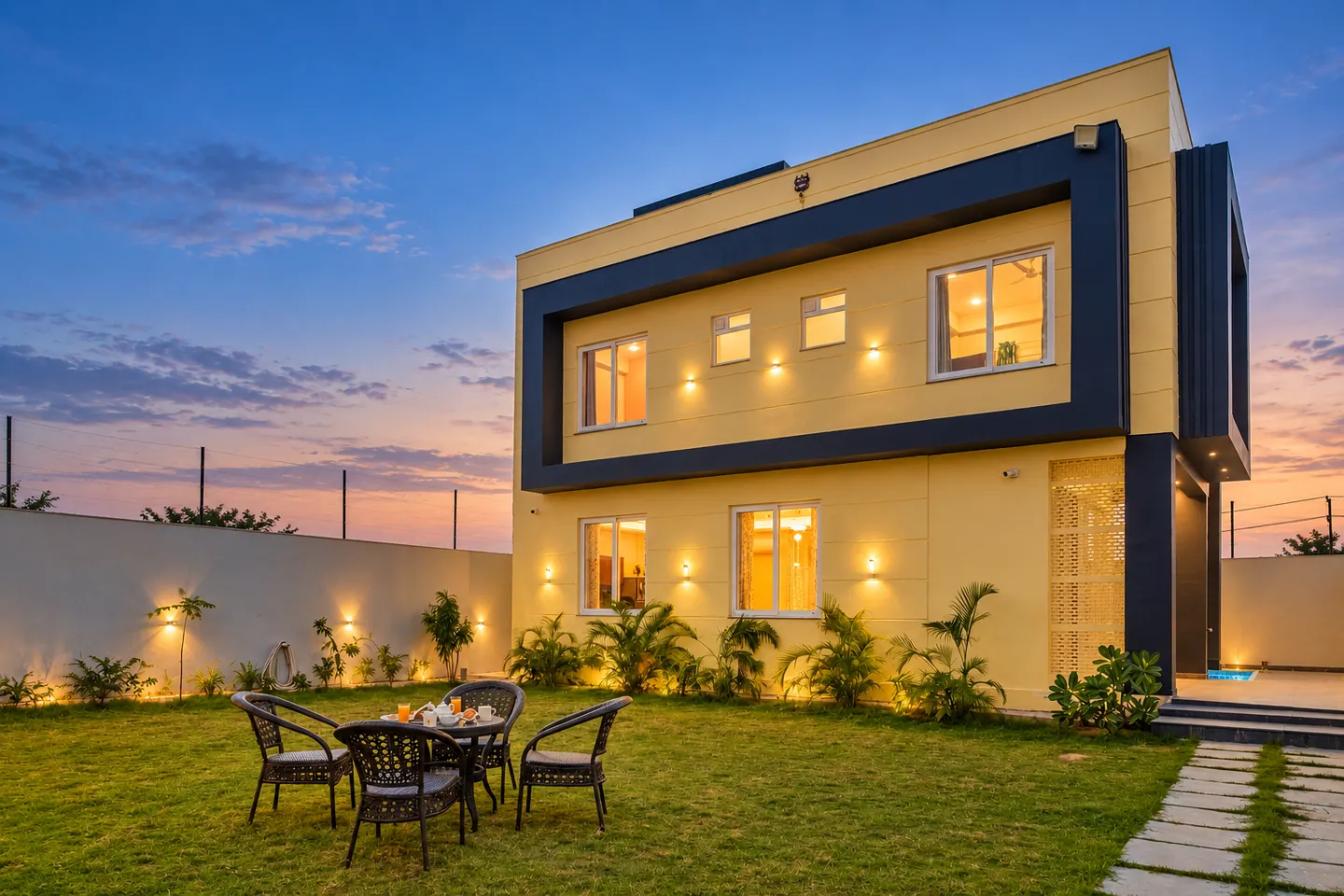 Villa exterior at golden hour