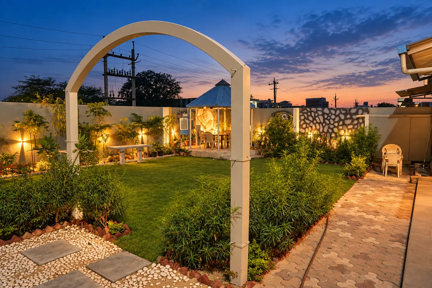 Garden walkway at dusk